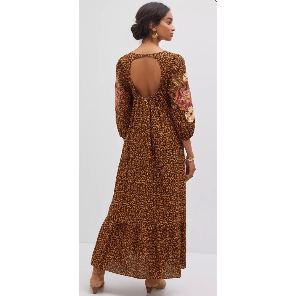 Farm Rio Floral Embroidered Maxi Dress Anthropologie XS Leopard Print Linen Boho